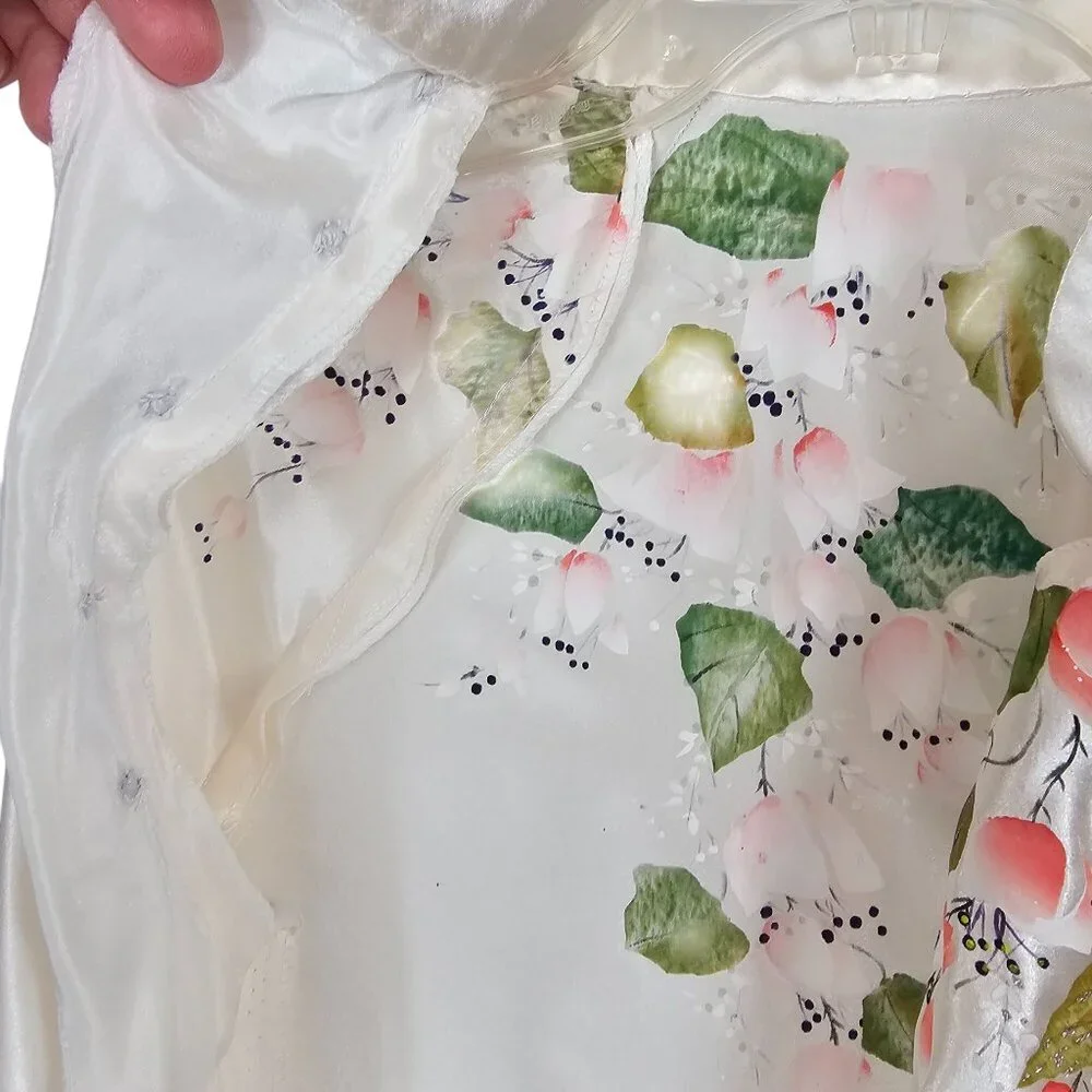 VTG Robe + Pant Sleepwear Set White Satin Floral Soft Loungewear Retro MCM OS